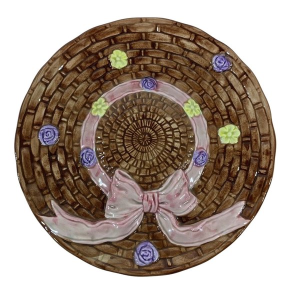 OCI Other - Vintage OCI Bonnet Plate Ceramic 8" Brown Basket-Weave Hat Spring Easter Flowers